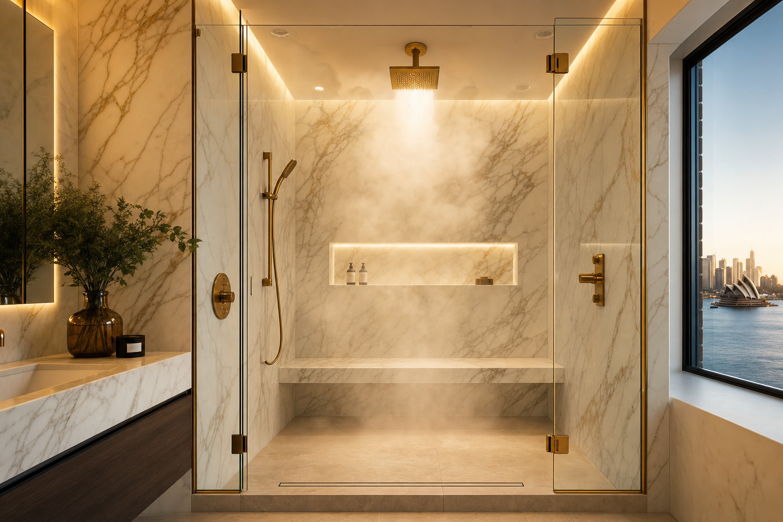 Luxury steam shower with Calacatta marble and brushed gold fixtures, Sydney Harbour view