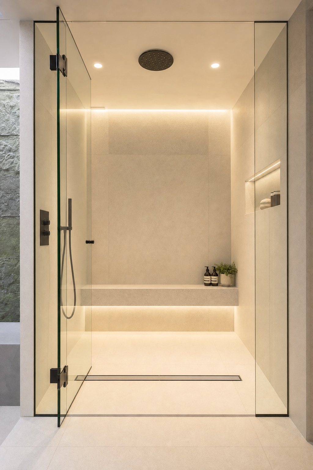 Minimalist luxury steam shower with large format white porcelain and matte black fittings